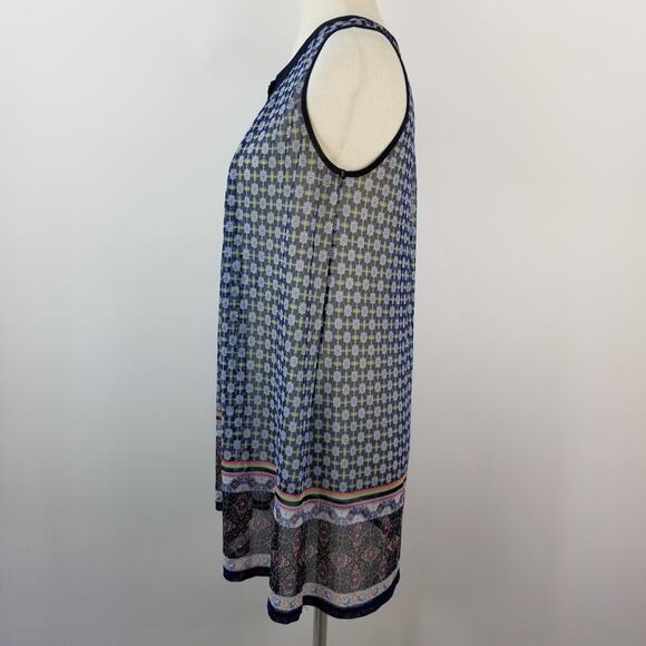 Faith and Joy Blue Yellow White Sheer Sleeveless Tunic Pleated Top Nice   Medium - Picture 6 of 8